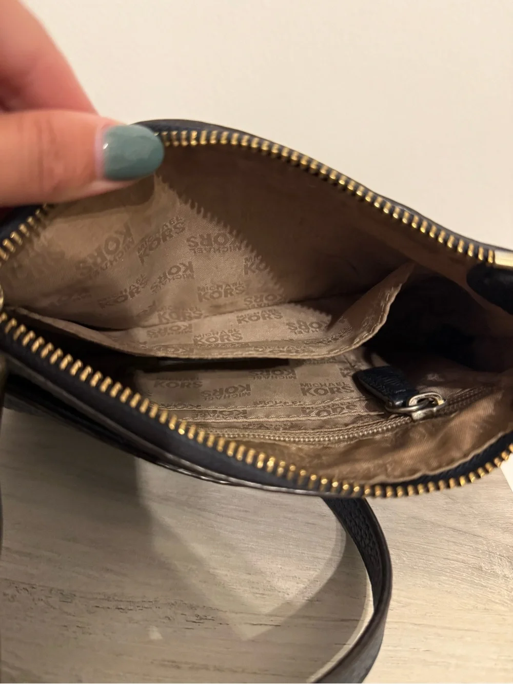 Michael Kors Navy Pebbled Leather Convertible Crossbody with Gold Hardware